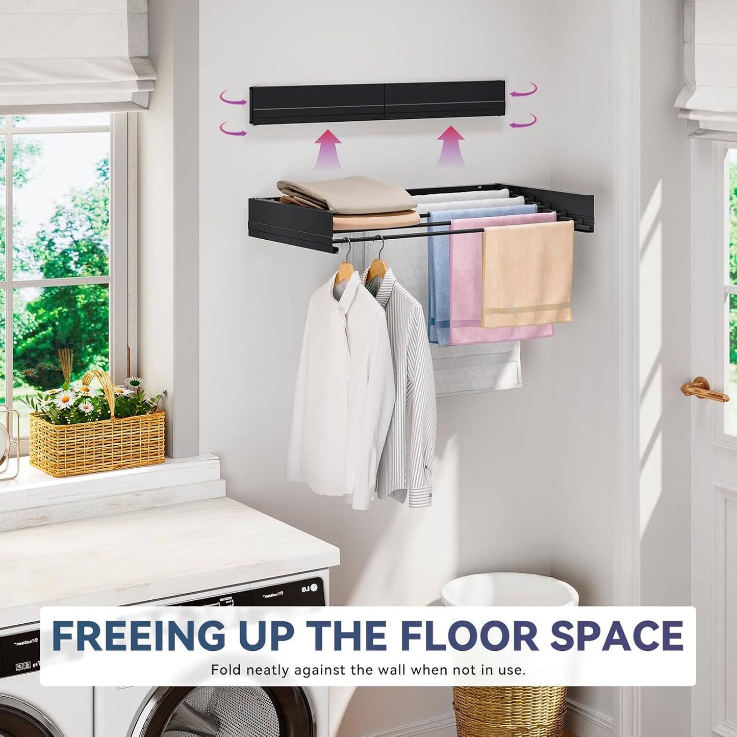 APEXCHASER Wall Mounted Clothes Drying Rack, Laundry Drying Rack Foldable, Towel Racks for Bathroom Balcony Laundry Shower Tub Wall Mount, Collapsible Drying Rack for Clothing, 31.5", Matt Black