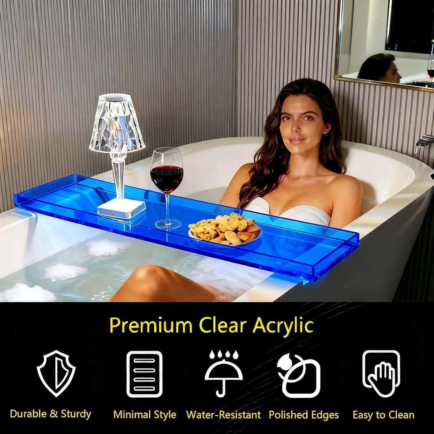 Bathtub Tray Table, Clear Acrylic, Anti-Slip Bath Caddy, (Blue, L32.3″ x W7.87″ x H1.18″)