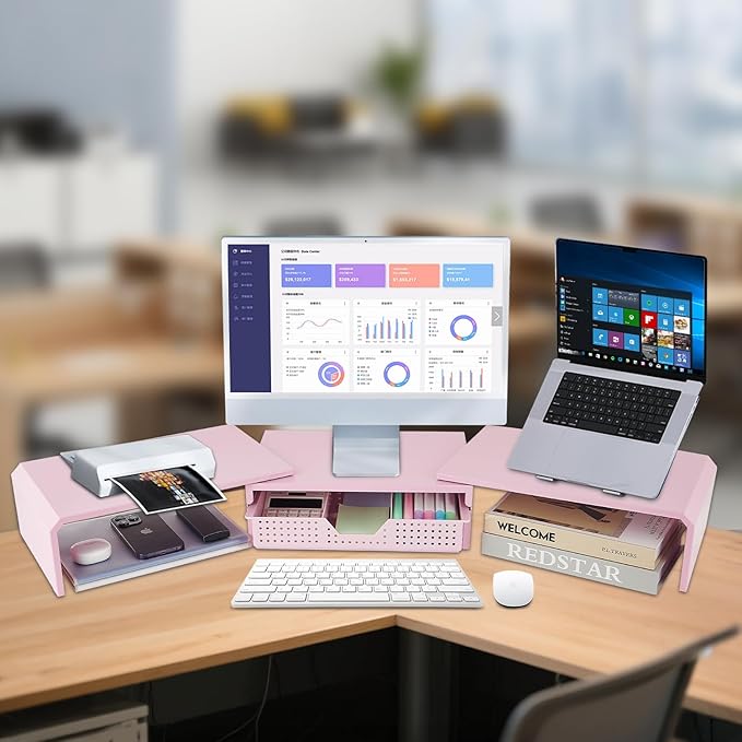 Dual Monitor Stand Riser with Drawer, Desk Organizer and Accessories, Pink Monitor Stand for Desk, Desktop Stand for Computer, Laptop, TV and More (Pink)