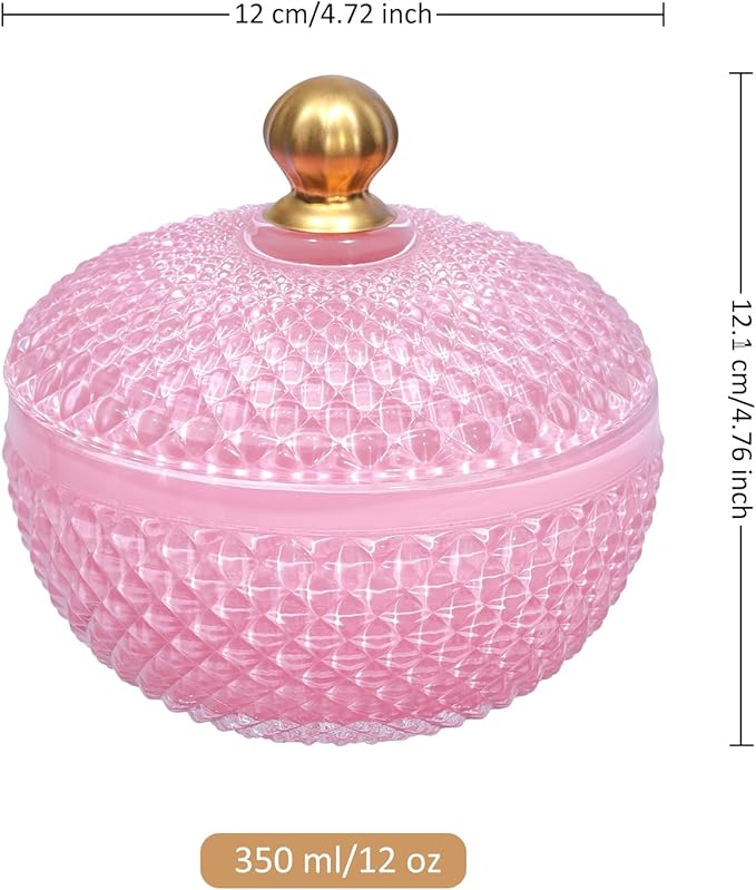 Joeyan 12 oz Small Pink Glass Jewelry Box Jars with Lid,Embossed Glass Candy Dishes,Diamond Faceted Food Container,Decorative Apothecary Canisters,Colored Kitchen Bathroom Buffet Storage Organizer