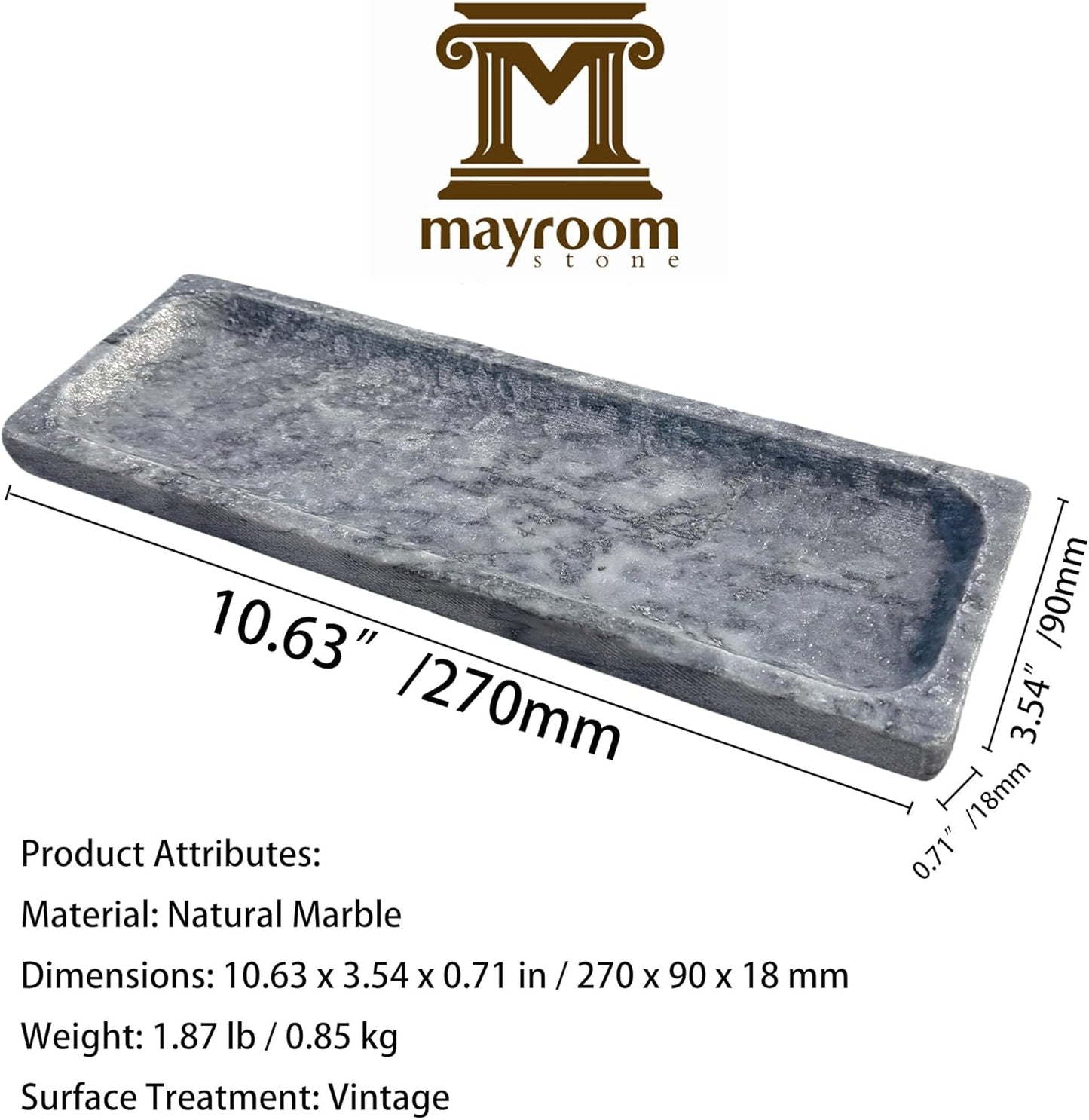 Vintage Natural Marble Vanity Tray: 10.6" x 3.5" Rectangular Decorative Organizer for Bathroom Kitchen Dresser Desk Entryway Decor, Blue Sky