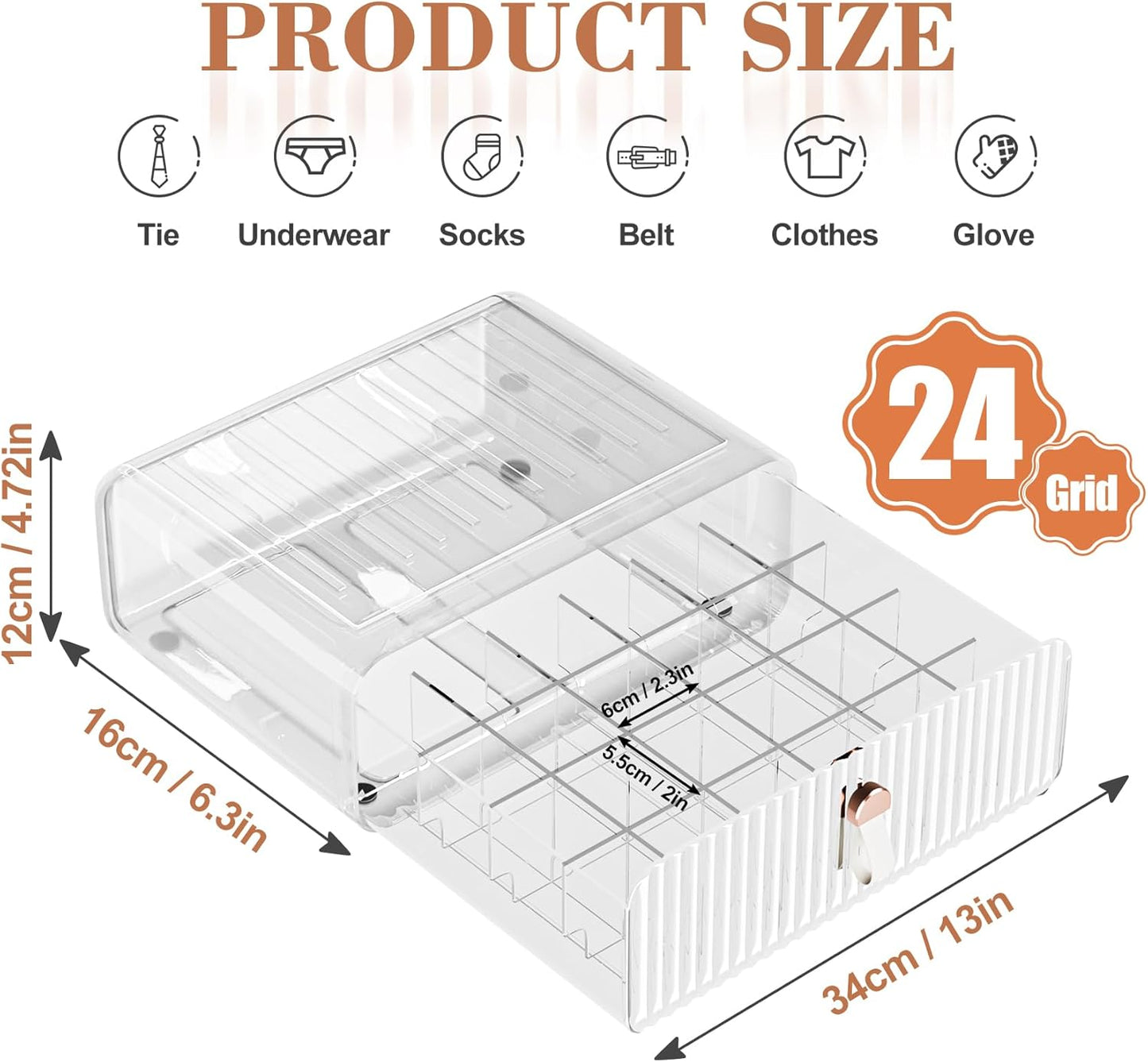Sock Underwear Drawer Organizer - 24 Compartment Clear Acrylic Storage Bins with Removable Dividers for Closet, Stackable Dresser Drawer Box for No-Mess Socks, Tiers, Baby Clothes, Belt, Tea Bag