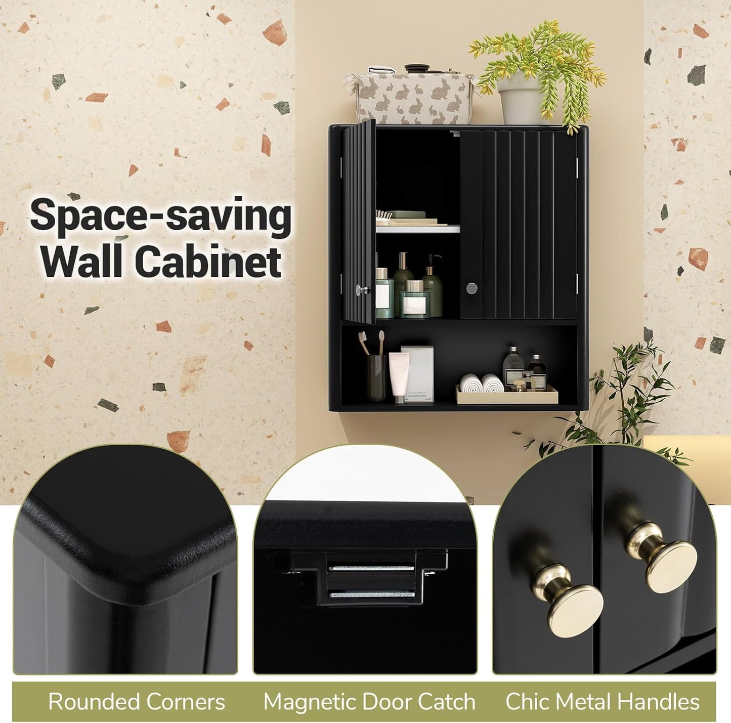 Giantex Wall Mounted Bathroom Cabinet, Fluted Modern Medicine Cabinet with Doors, Adjustable Shelf, Floating Over The Toilet Space Saver Storage Cabinet for Laundry Room, Kitchen (Black)