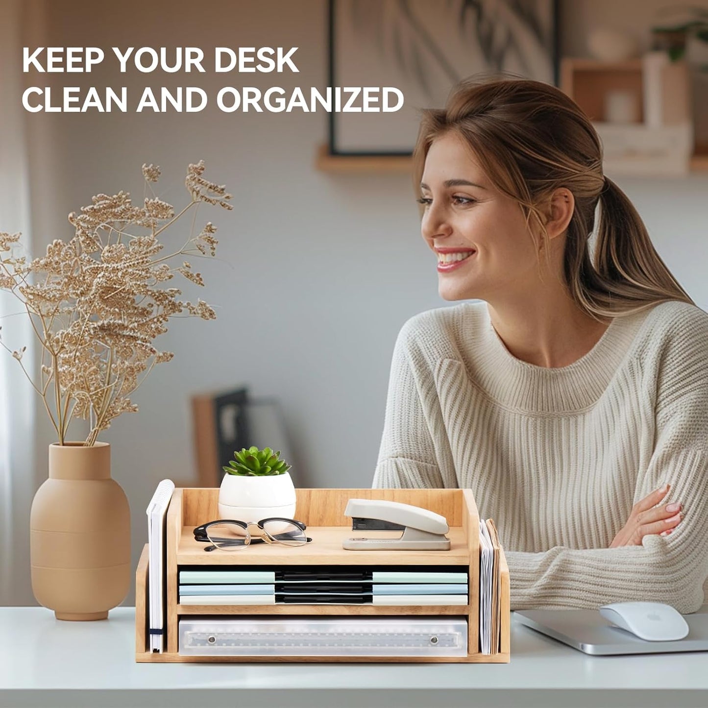 KIRIGEN Wood 3-Tier Office Desktop Document Tray - Mail Sorter Organizer Rack - Wooden Document Letter Stand for Folders, Mail, Stationary, Desk Accessories Natural(2TP-NA)