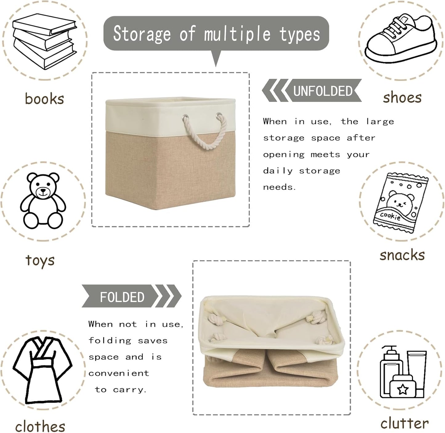12x12 storage cube bins[6 Pack],Fabric Storage Cubes with Rope Handles, Eco-Friendly Linen Collapsible Organizers for Closet, Nursery, Toys, Office, Bathroom – Dual Color Design.(White&Khaki)