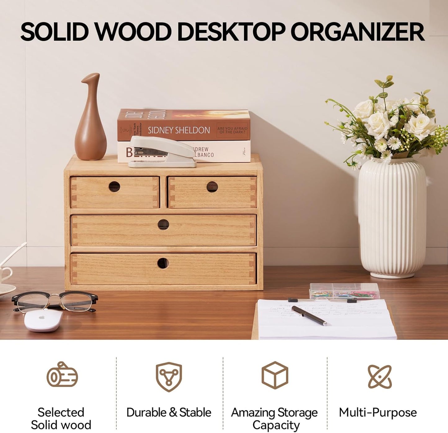 Kirigen Natural Wood Desktop Organizers with Drawers - Home Workspace Office Supplies Wooden Storage Box Shelf Case - Hold Makeup Box (NA, 3-Layer &4 Drawers)