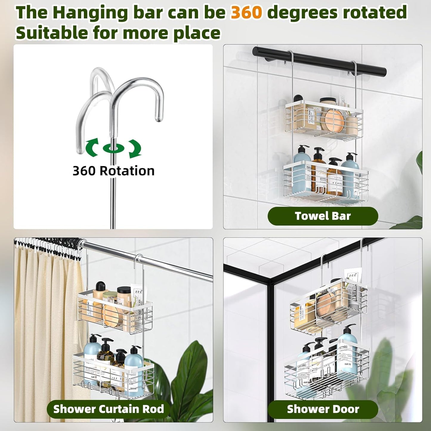 YUOROS Shower Caddy Hanging, 2 Tier Over the Door Shower Organizer Rack 304 Stainless Steel Rustproof (Silver)