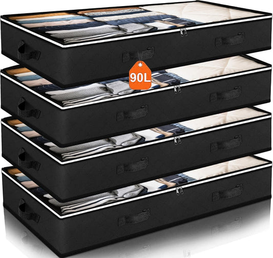 90L Under Bed Storage Containers, Closet Organizers and Storage Bins, Foldable Underbed Storage Bags for Blankets, Towels, Comforter, Sweaters, Linen Sheets, Wrapping Paper (Black, 4 Pack)