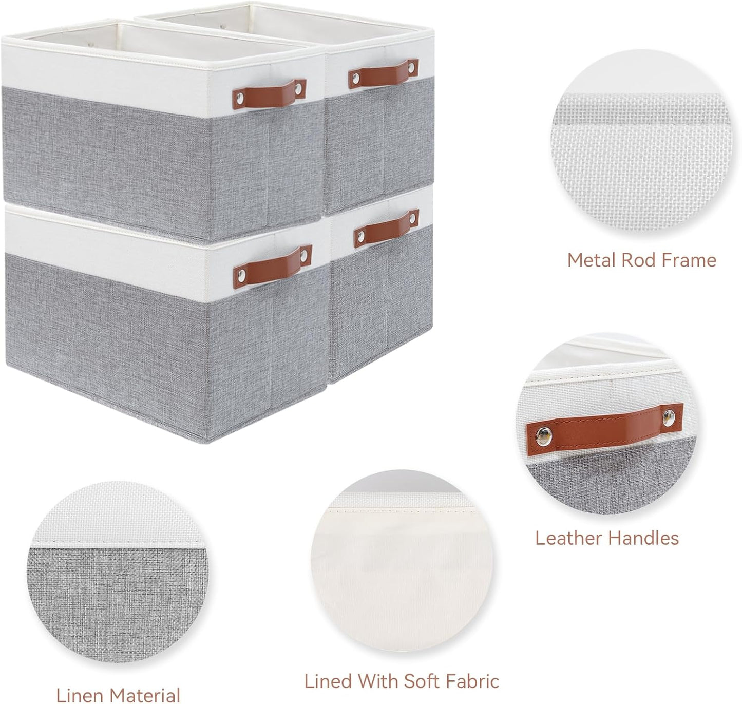 SNWDN 6 Pack Fabric Storage Baskets for Organizing Collapsible Fabric Storage Bins with Handles for Home and Office Organizing (White/Grey 15''Lx10.2''Wx9''H)