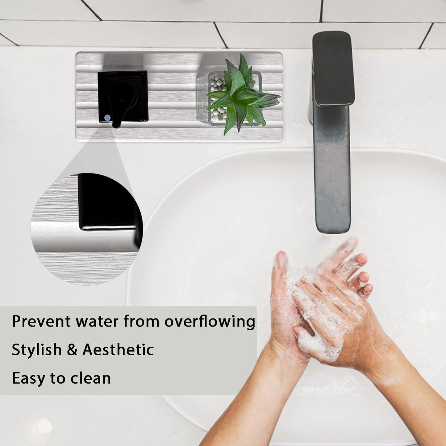 2 PCS Water Absorbing Stone Trays for Bathroom Sink & Kitchen Counter, Fast-Drying Diatomite Sink Caddy, Vanity Tray, Hand Soap Holder with Anti-Skid Feet (White, 7.9" x 4"/20 x 10cm)