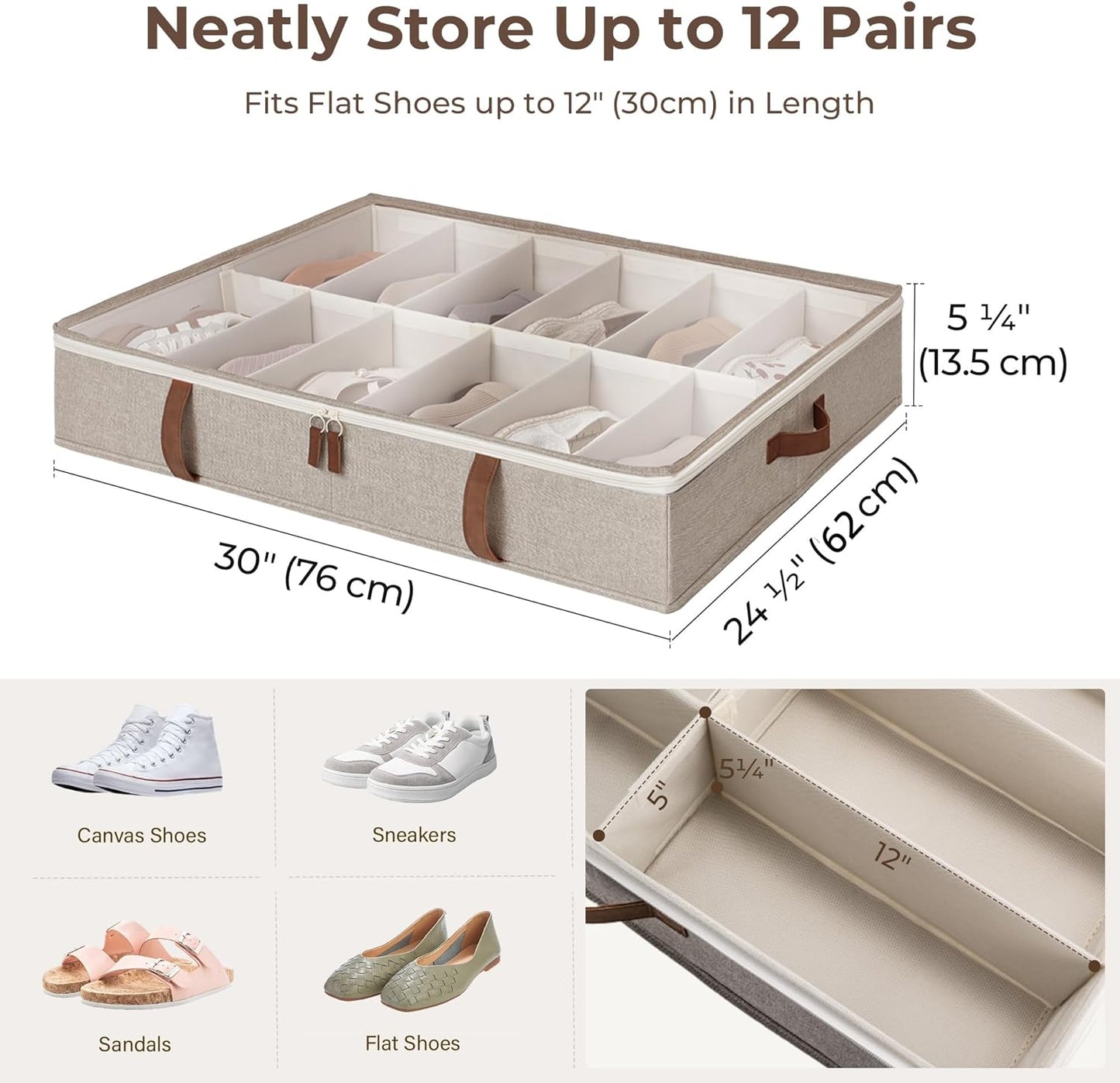 StorageWorks Shoe Organizer Under Bed for Closet, 2-Pack Ultra-thick Fabric Shoe Storage Containers with Bottom Support and Adjustable Dividers, Fits up to 24 Pairs, Brown