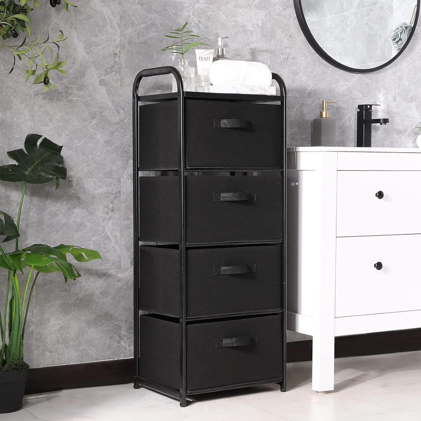 MAX Houser 4 Drawer Fabric Dresser Tall Storage Tower, Dresser Chest with Wood Top, Vertical Nightstand Side Organizer Unit with Metal Frame for Closets Bedroom Nursery Room Hallway(Black)