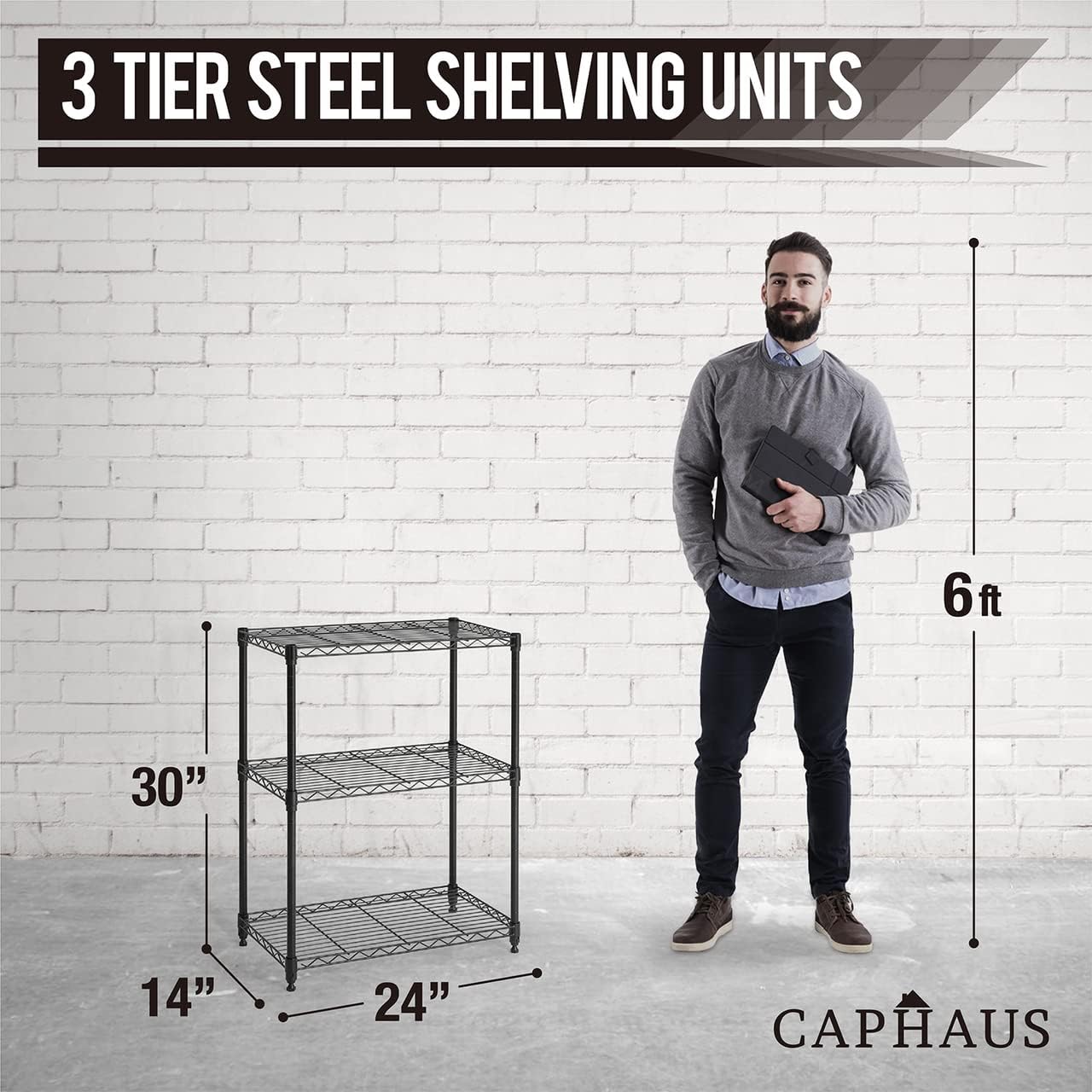 CAPHAUS 3/4/5-Tier Adjustable Height Wire Shelving Unit, Rack Shelving, Metal Steel Shelves, Garage Organizer, Utility Storage Shelf, 3-Tier Without Wheels, Black