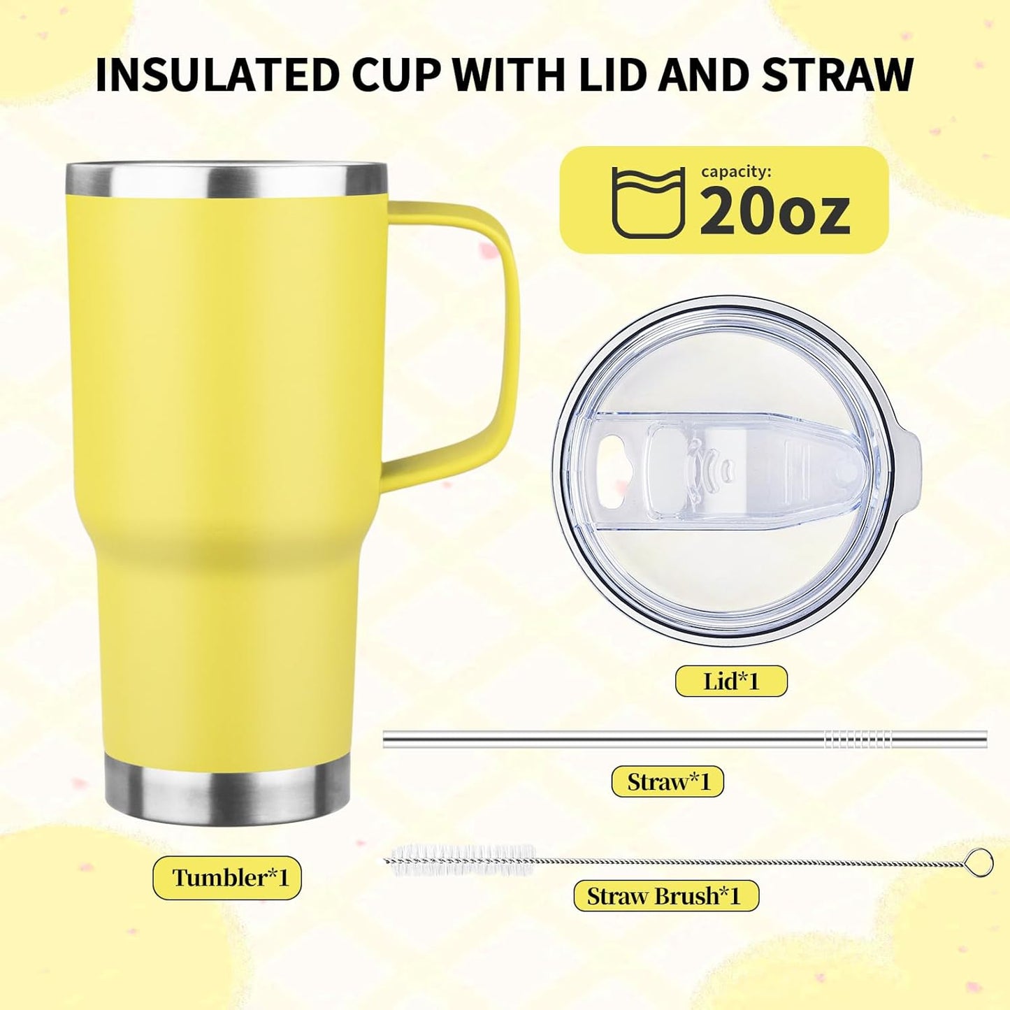20oz Insulated Tumbler with Handle Stainless Steel Travel Coffee Mug with Lid and Straw Double Wall Vacuum Leak-proof Reusable Thermal Water Cup for Hot and Cold Drinks (Yellow,1 Pack)