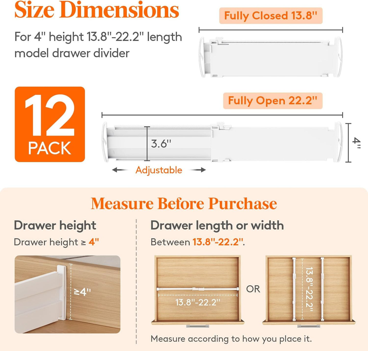 Lifewit 12 Pack Drawer Dividers 4" High, 13.8-22.5" Dresser Drawer Divider, Adjustable Drawer Organizers for Clothes, Plastic Drawers Separators for Dresser, Bedroom, Bathroom, Kitchen, Office