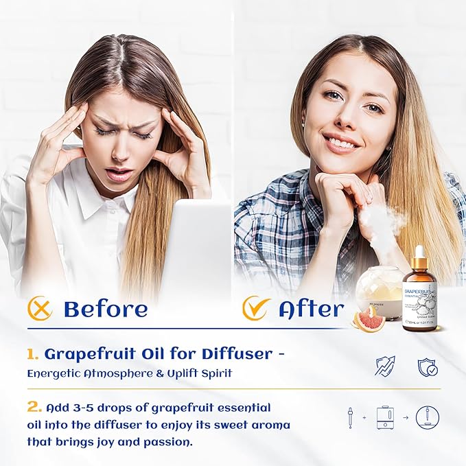 HIQILI 30 ml Grapefruit Essential Oil, for Diffuser, Skin Care,100% Pure and Natural - 1 Fl Oz