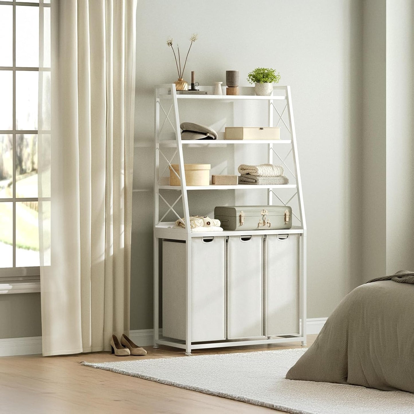 Laundry Basket, 3 Section Laundry Hamper with 4 Tiers Shelf, Pull-Out and Removable Laundry Bags, Large 3 x 15.87 Gallons, for Laundry Room Bathroom White PF05XLW