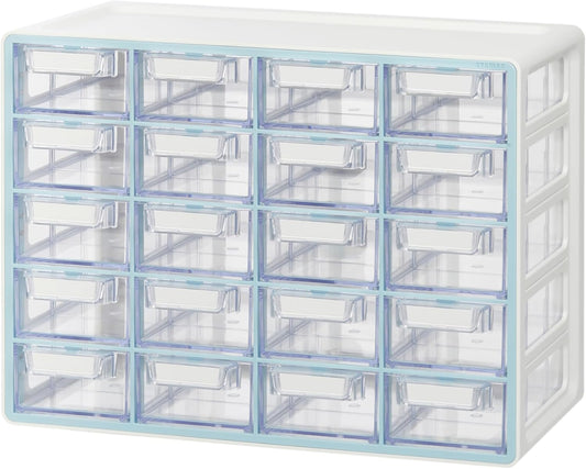 Blue Ginkgo Small 20-Drawer Cabinet – Stackable Clear Organizer for Hardware, Beads, Plastic Bricks, Office, and Craft Storage (Made in Korea, Blue)