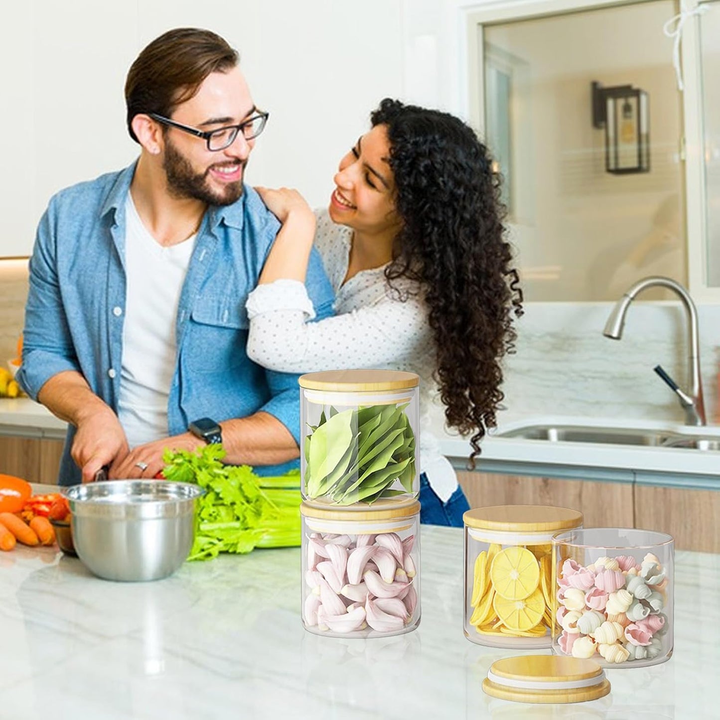SODSAI 6 Piece Glass Storage Jars Set with Airtight Bamboo Lids and Labels, 20oz/600ml Glass Spice Jars Food Storage Containers for Home Kitchen,Pantry, Tea, Sugar, Salt, Coffee, Flour, Herbs, Grains