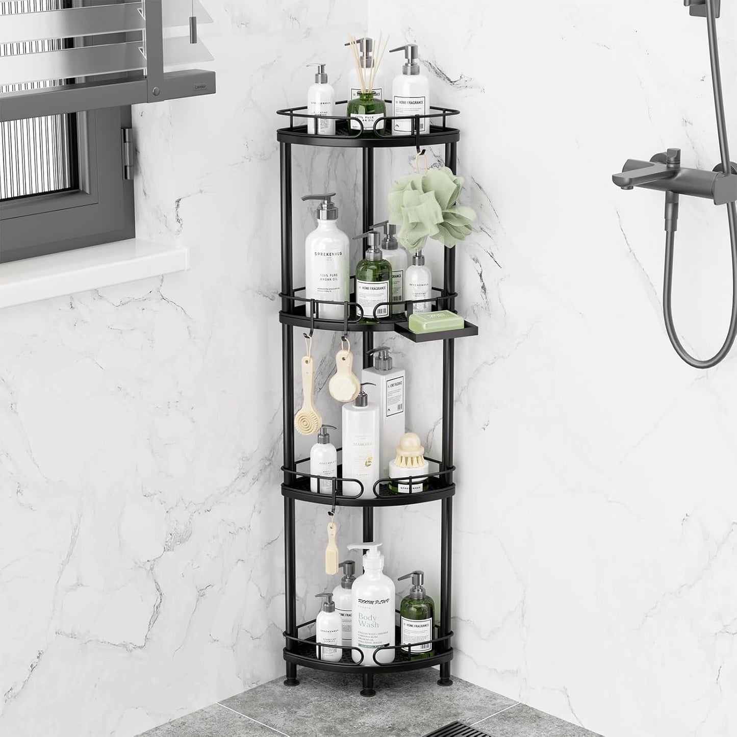 SWTYMIKI Corner Shower Caddy Standing - 4 Tier Stainless Steel Shower Organizer Stand with 4 Hooks & Soap Holder, Rustproof Metal Standing Tall Floor Shower Shelf and Bathroom Organizer, Black