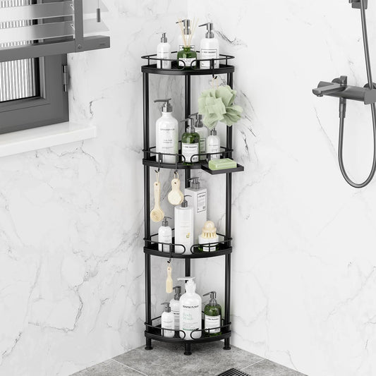 SWTYMIKI Corner Shower Caddy Standing - 4 Tier Stainless Steel Shower Organizer Stand with 4 Hooks & Soap Holder, Rustproof Metal Standing Tall Floor Shower Shelf and Bathroom Organizer, Black
