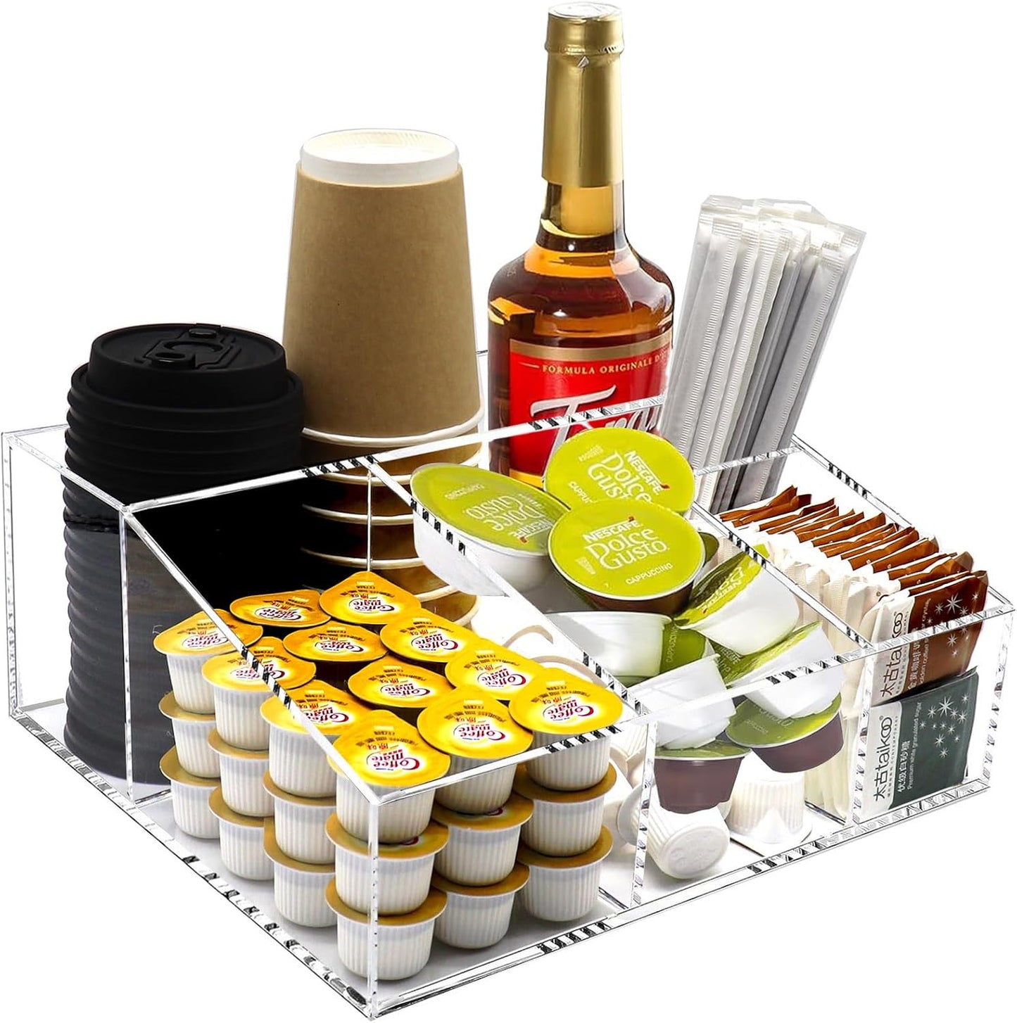 Tirifer Acrylic Coffee Bar Station Organizer for Countertop, Condiment Service Organizer Coffee Pods Storage Caddy Creamer Snack Tea Cup Supplies Holder for Home Office and Breakroom(Clear)