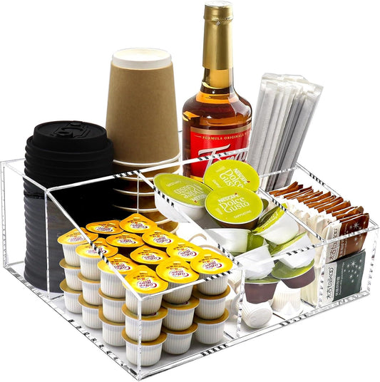 Tirifer Acrylic Coffee Bar Station Organizer for Countertop, Condiment Service Organizer Coffee Pods Storage Caddy Creamer Snack Tea Cup Supplies Holder for Home Office and Breakroom(Clear)