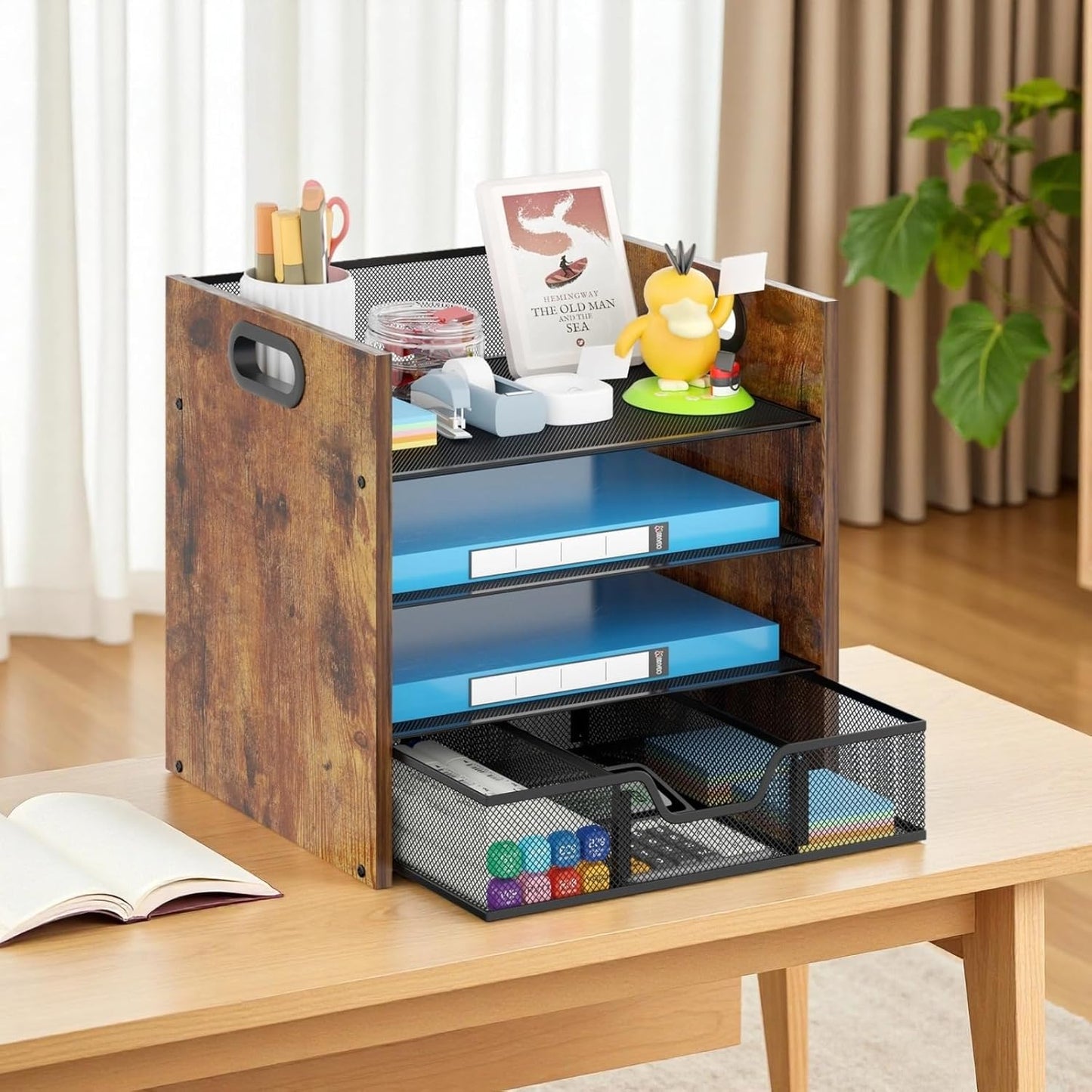 Wood Desk Organizer - 4-Tier Desktop File Organizer with Drawer, Wooden Paper Tray, Office Desk Organizer for Papers, Mail, Notebooks, Stationery