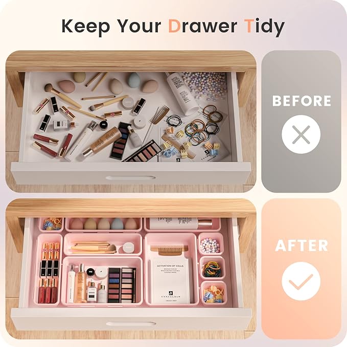 A-LuGei 【𝟮𝟴𝗣𝗖𝗦】 【𝟱𝗦𝗶𝘇𝗲】 Pink Drawer Organizer, Makeup organizer, 【Holds 177 Items】 Bathroom Organizers and Storage, Plastic Desk Organizer Divider, Organizer Bins for Office Vanity