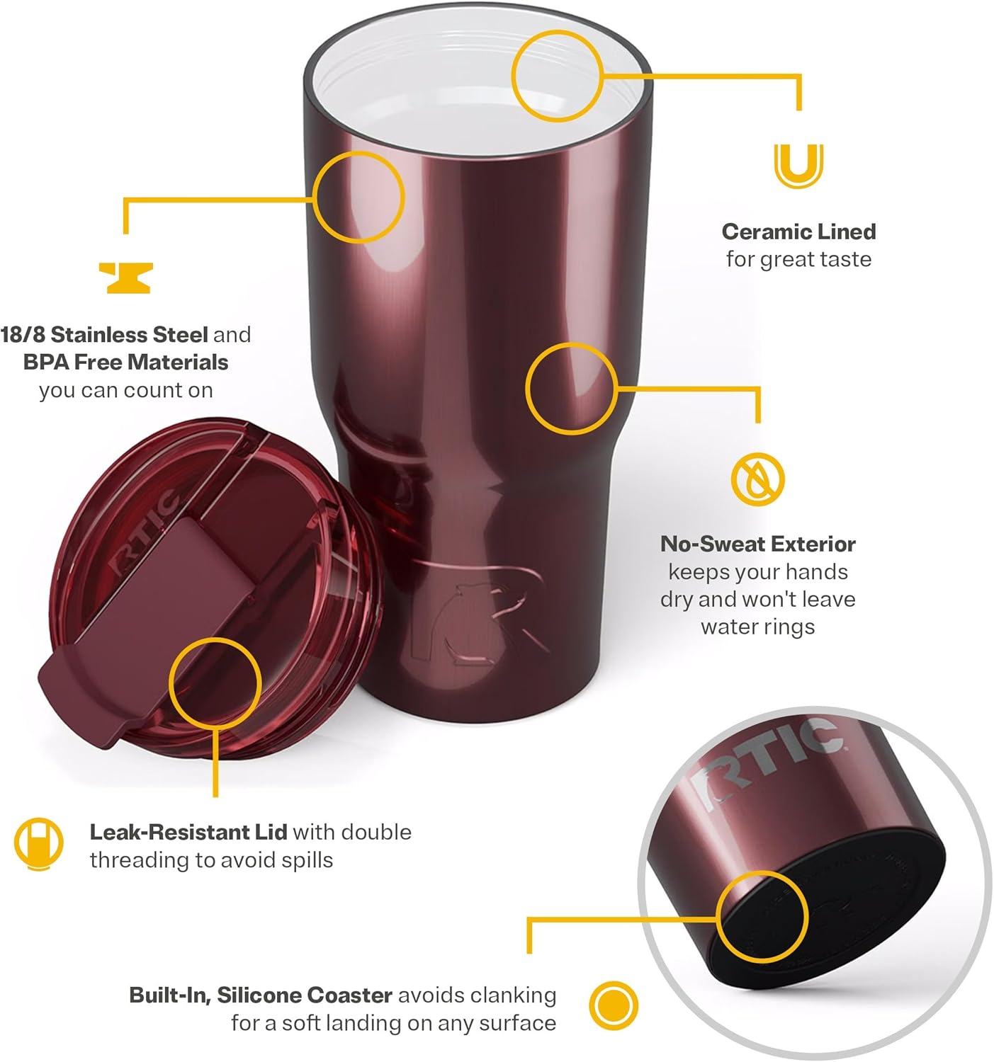 RTIC 20oz Essential Tumbler with Lid, Ceramic Lined, Insulated, Stainless Steel, Metal, Double Wall Vacuum-Insulation, Travel Cup for Iced Coffee, Tea, Hot and Cold Drink, Vintage Rose Metallic