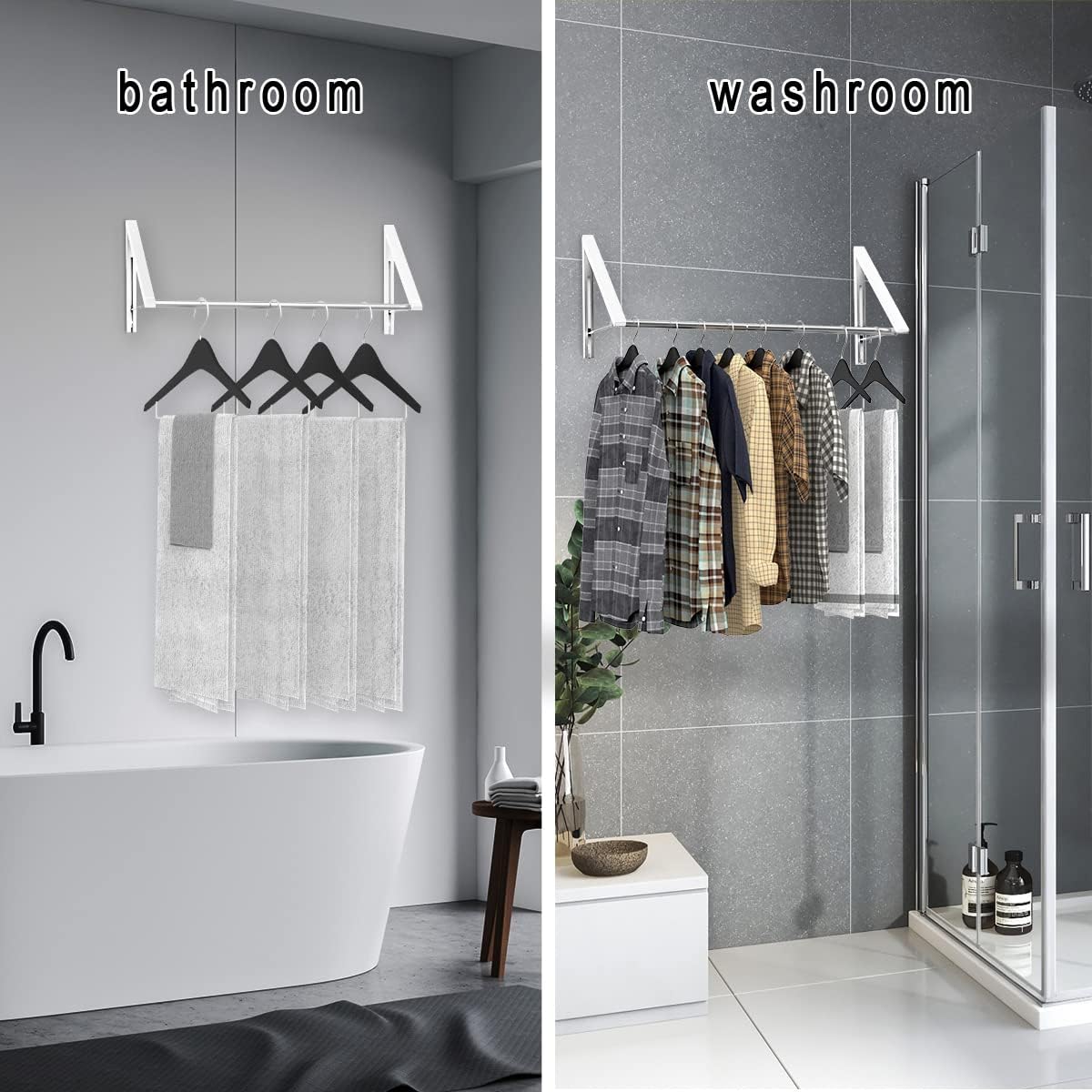 Laundry Room Drying Rack Wall Mounted Clothes Hanger Folding Wall Coat Racks Aluminum Home Storage Organiser Space Savers White 2 Rakcs with Rod