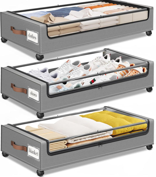 Under Bed Storage with Wheels 3Pack Underbed Storage with Clear Window&Label Under Bed Drawers Large Capacity Rolling Under Bed Storage for Clothes,Shoes, Blankets (Light Grey)