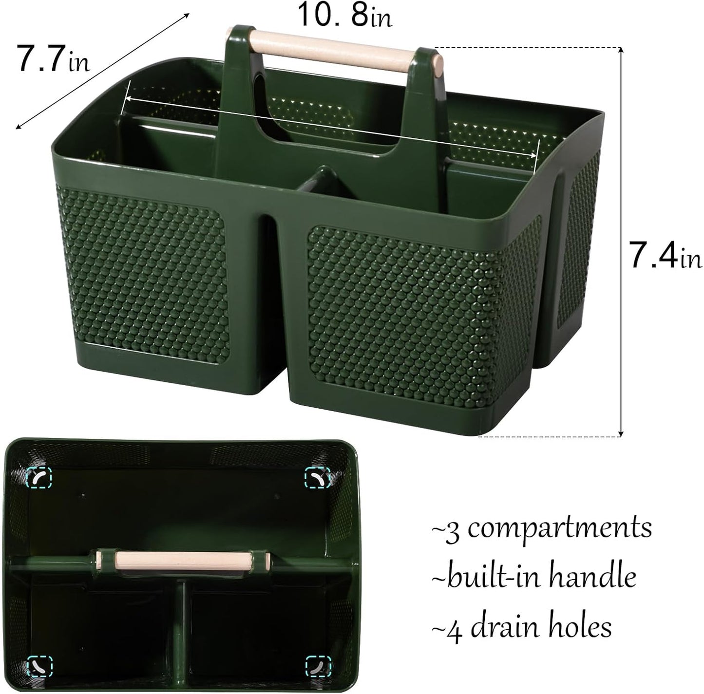 rejomiik Portable Shower Caddy Basket Plastic Cleaning Caddy Organizer Storage Tote with Handle for Bathroom, College, Dorm Room Essentials, Dark Green