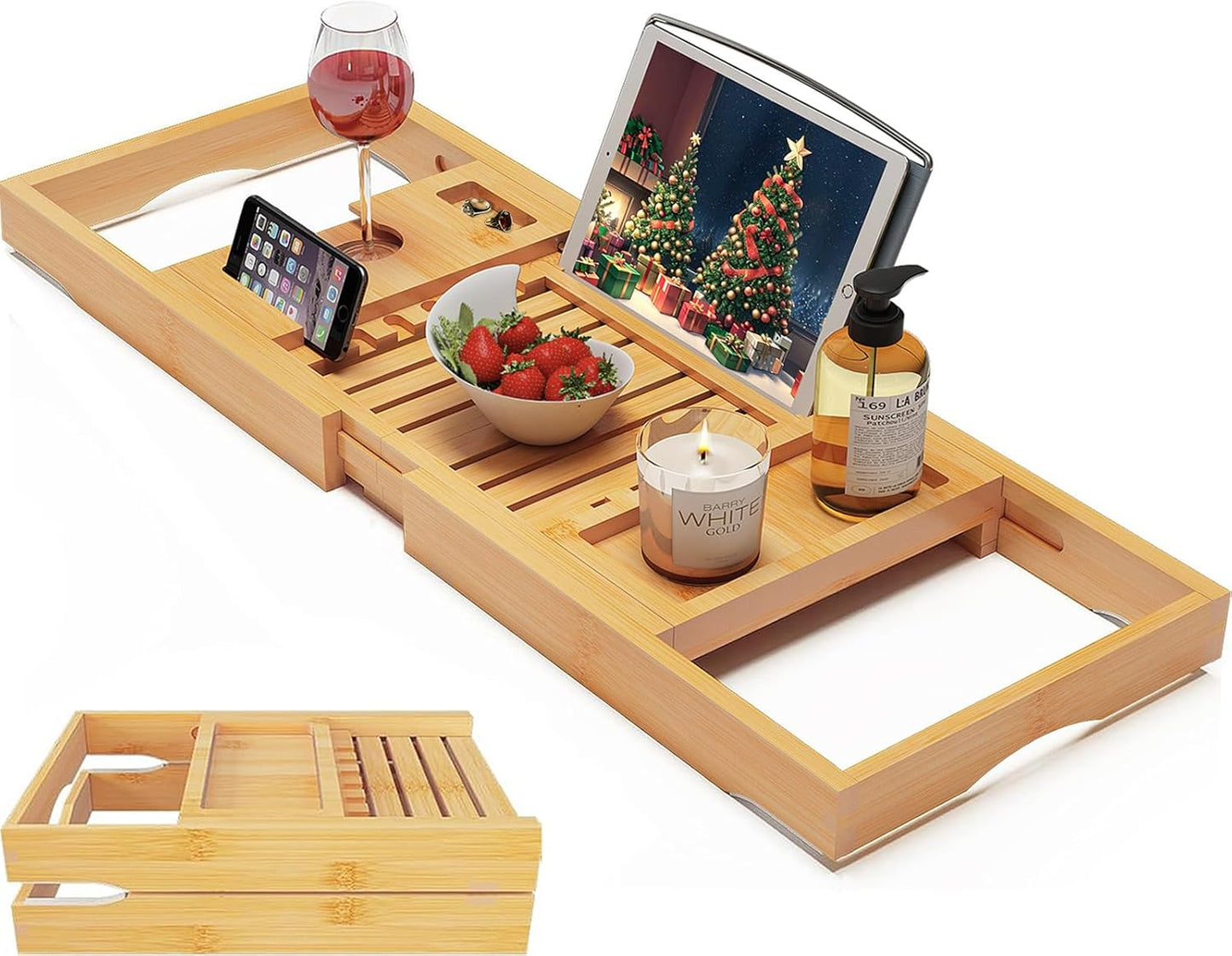 Foldable Bamboo Bathtub Caddy Tray Expandable for Luxury Bath, Bath Accessories & Table with Wine Glass Holder, Book Stand Bathroom Organizer with Extending Sides for Men/Women