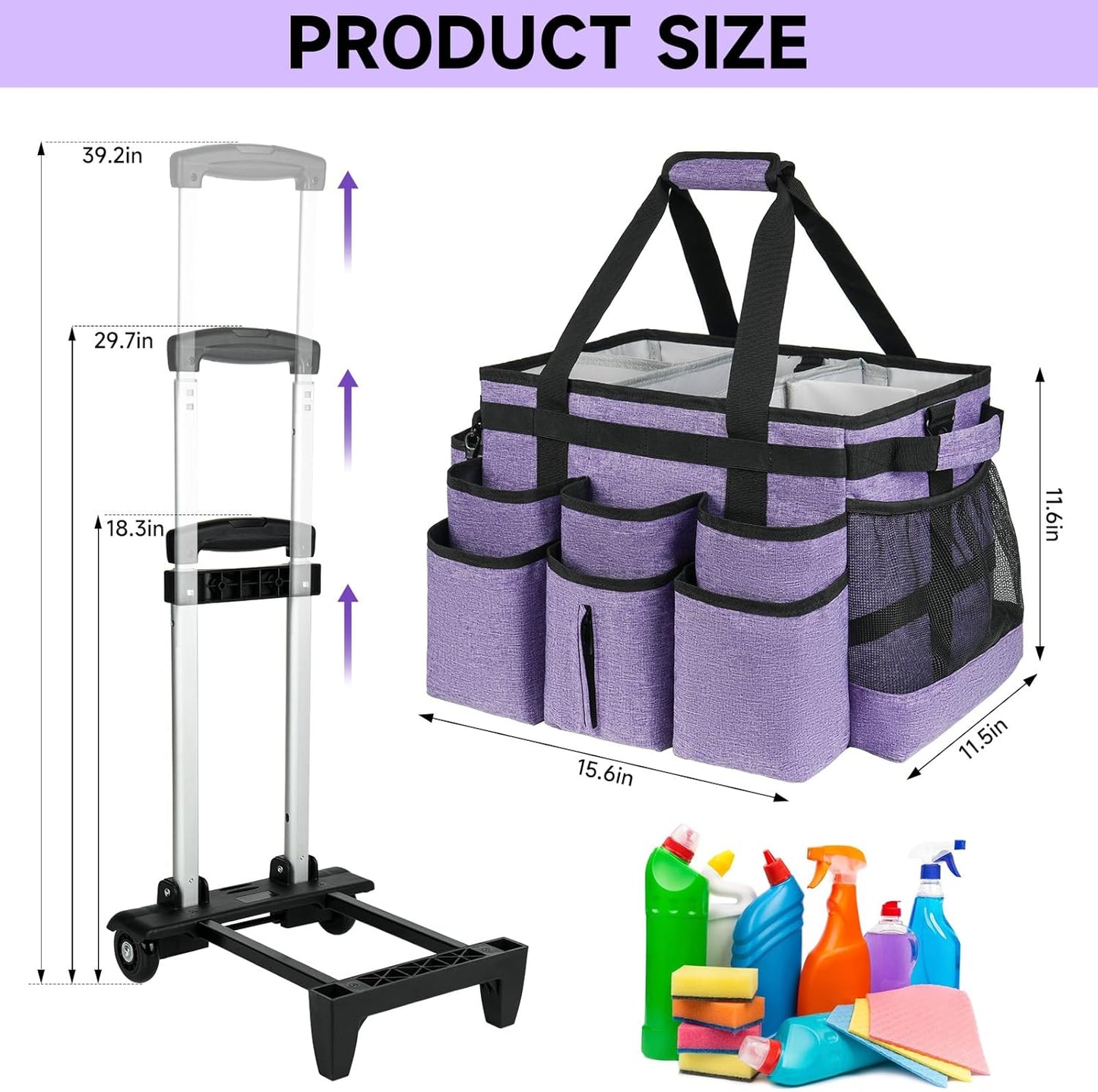 Large Rolling Cleaning Caddy Bag with Detachable Trolley,Cleaning Cart on Wheels with Shoulder Strap,Cleaning Supplies Organizer for Housekeepers,Purple