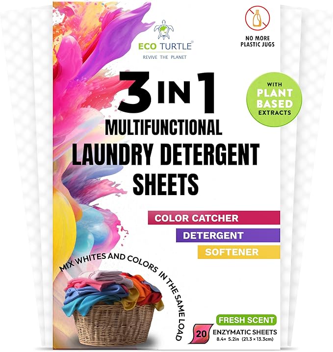 Color Catcher Fabric Softener Laundry Detergent Sheets 20 Loads Fresh Scent, Plant based, No Plastic Jugs Travel Friendly, Ultra Concentrated Mix Colored with Whites Detergent Softener & Color Catcher
