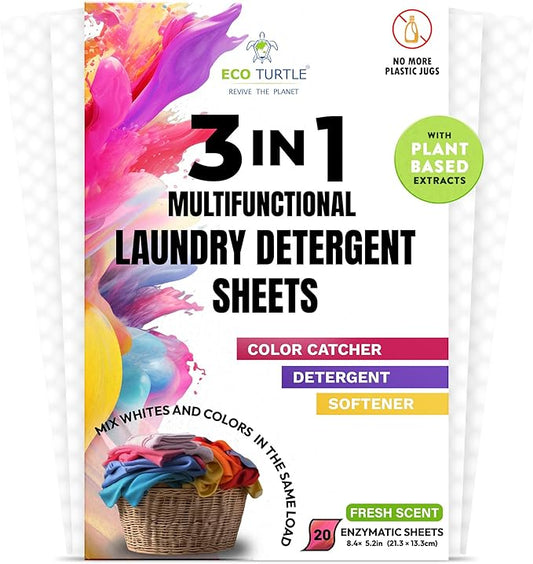 Color Catcher Fabric Softener Laundry Detergent Sheets 20 Loads Fresh Scent, Plant based, No Plastic Jugs Travel Friendly, Ultra Concentrated Mix Colored with Whites Detergent Softener & Color Catcher