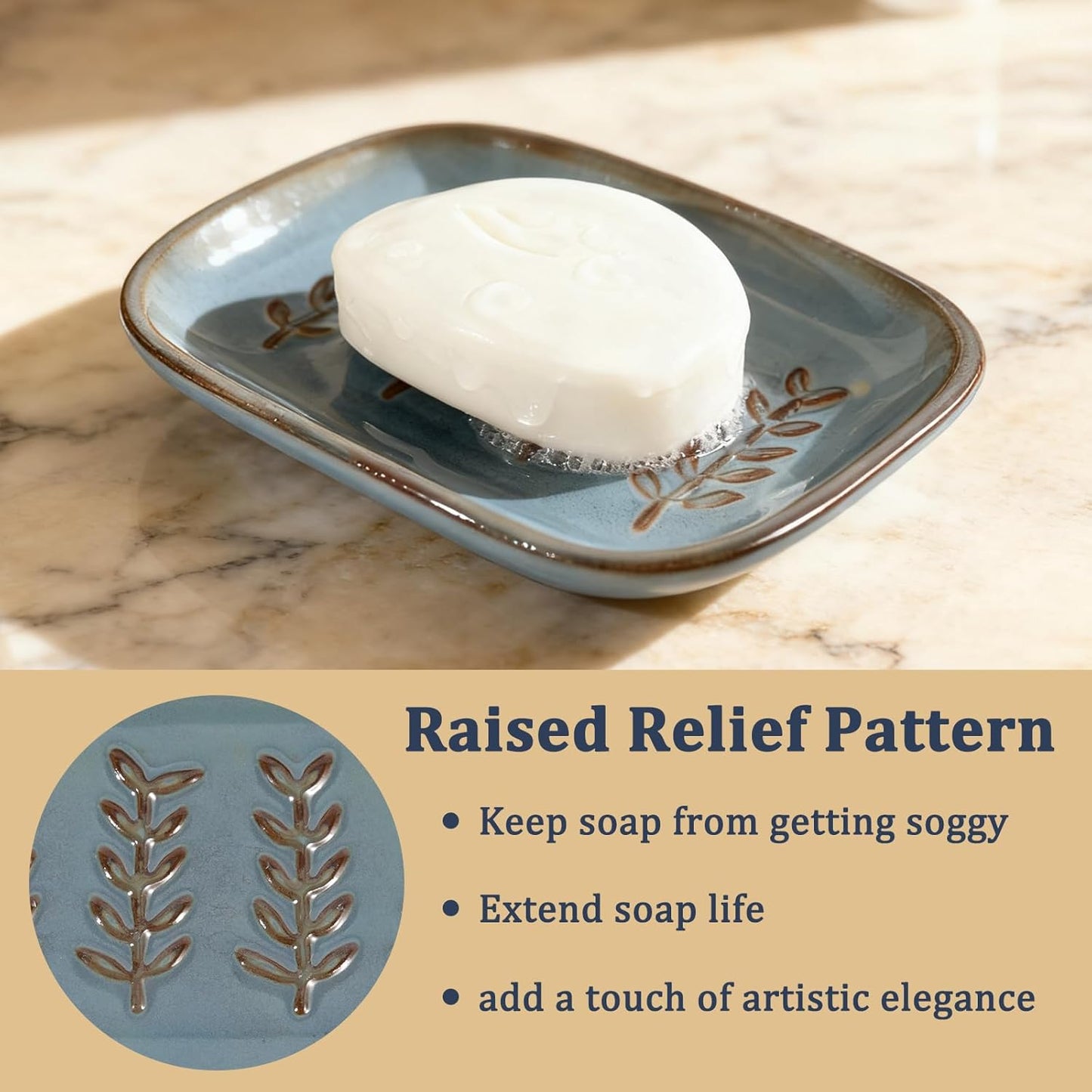 Aesthetic Ceramic Soap Dish for Shower, Soap Holder with Raised Relief, Shower Soap Dish for Shampoo Bar Or Sponge, Soap Saver for Bathroom, Kitchen, Sink, Decorative Soap Tray (Blue)