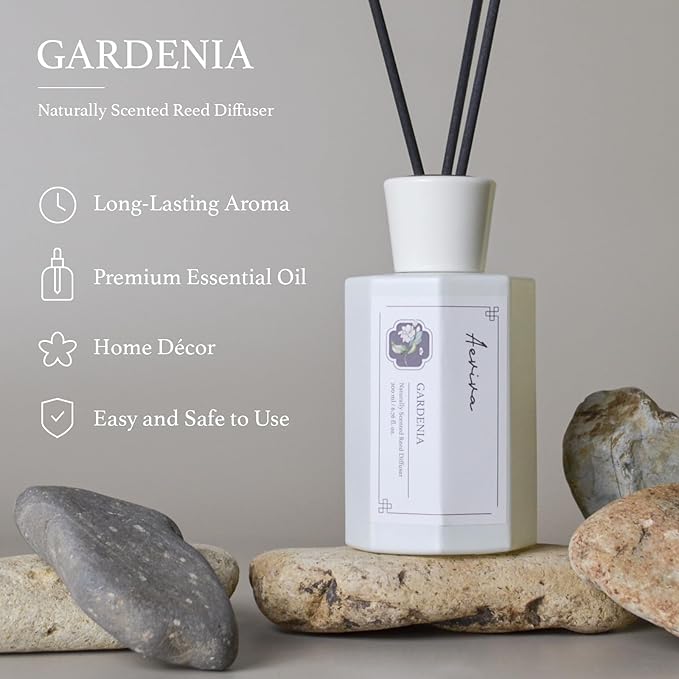 Reed Diffuser Set, 6.76 fl oz Gardenia Scented Oil Diffuser, Home Fragrance with Reed Sticks for Bedroom, Office, Bathroom Shelf Decor & Gifts