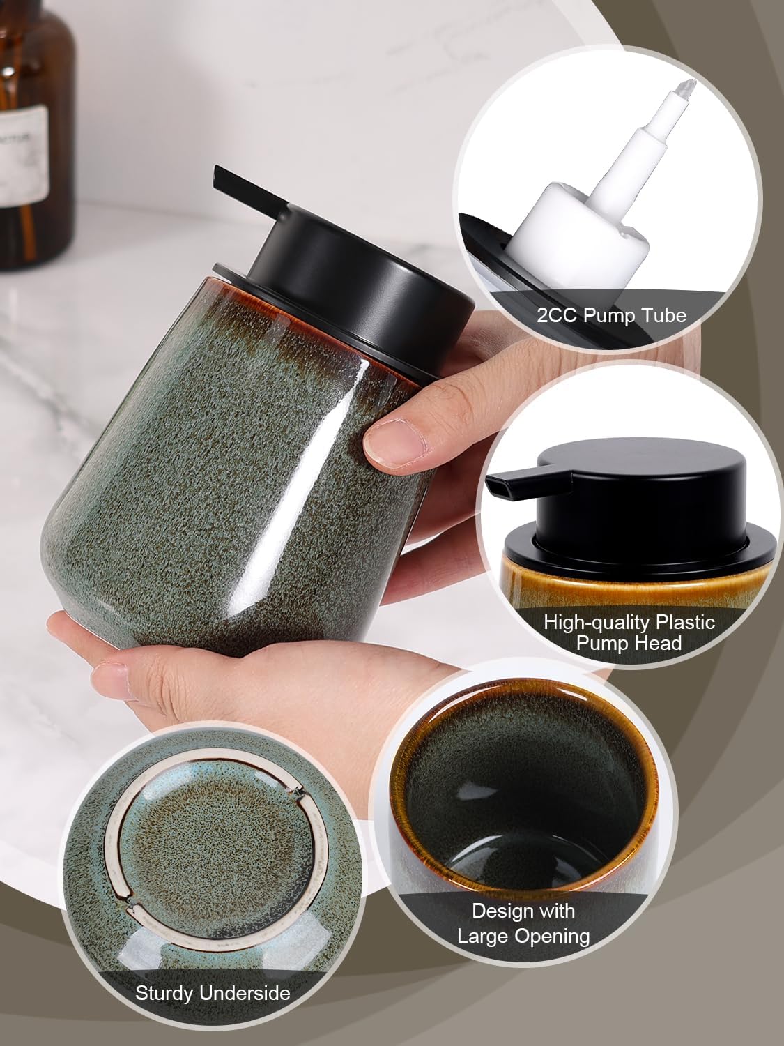 INGOFIN Ceramic Foaming Soap Dispenser -12oz Foam Hand Soap Dispenser Bathroom, Modern Refillable Dish Wash Soap Bottle for Kitchen with Large Pump -Kiln-Glazed Green