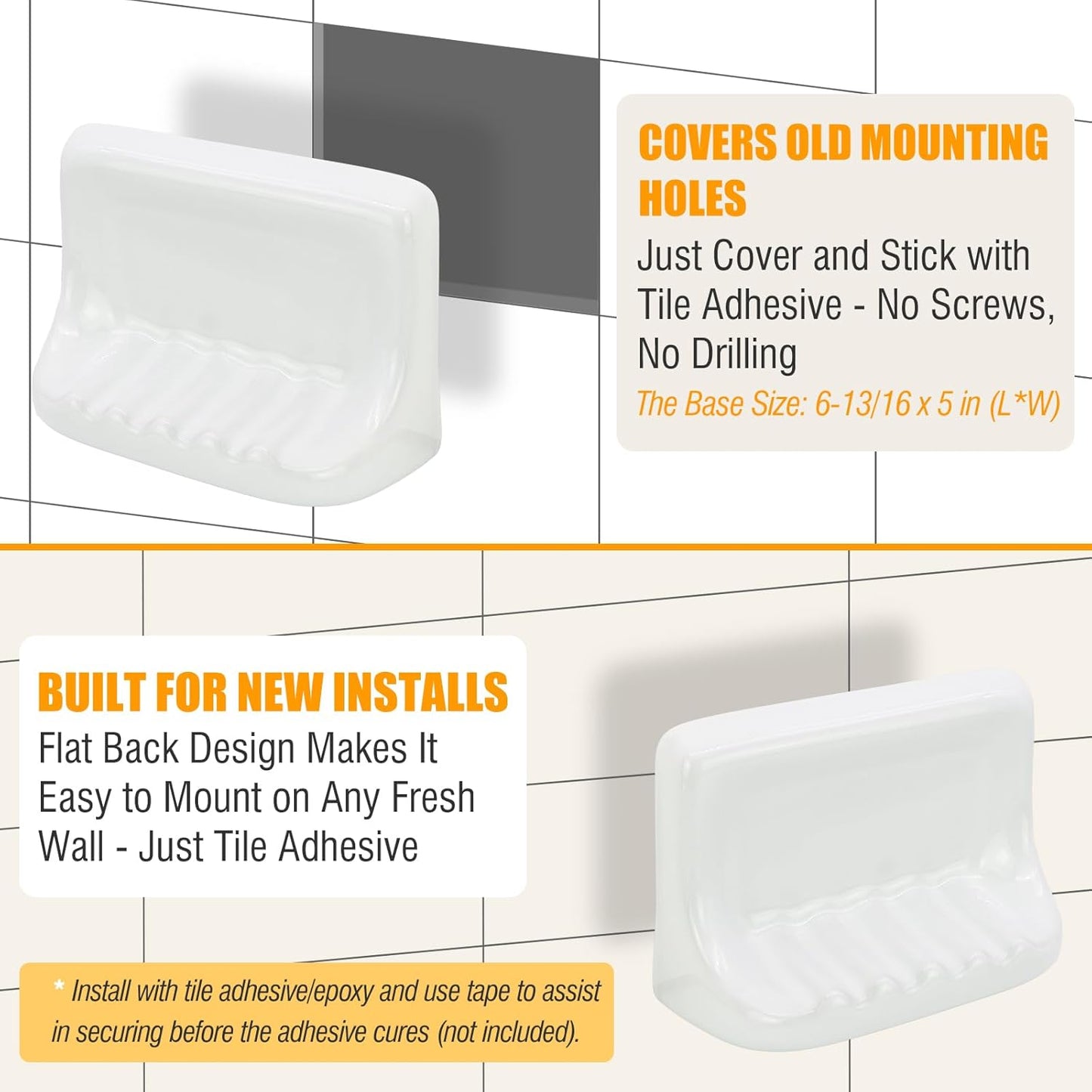 Shower Wall Soap Holder & Ceramic Soap Dish - Fits 4x4 Inch & Any Tile Walls, Heavy-Duty Flat-Back Design with Drainage Slope, No-Slip, Classic White