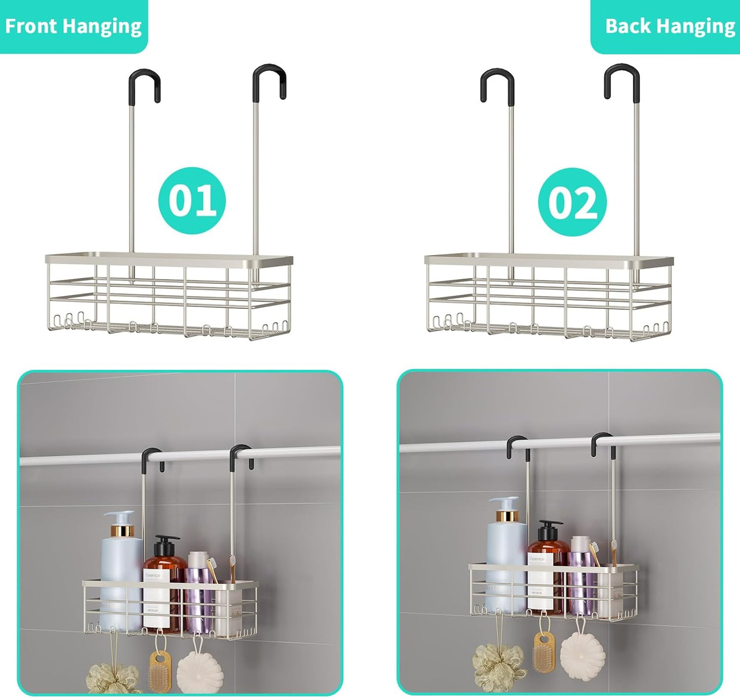 HapiRm Hanging Shower Caddy Organizer - No Drilling Shower Organizer with Hooks, Rustproof & Waterproof 304 Stainless Steel Bathroom Shelves - Brushed Nickel (1 Basket)