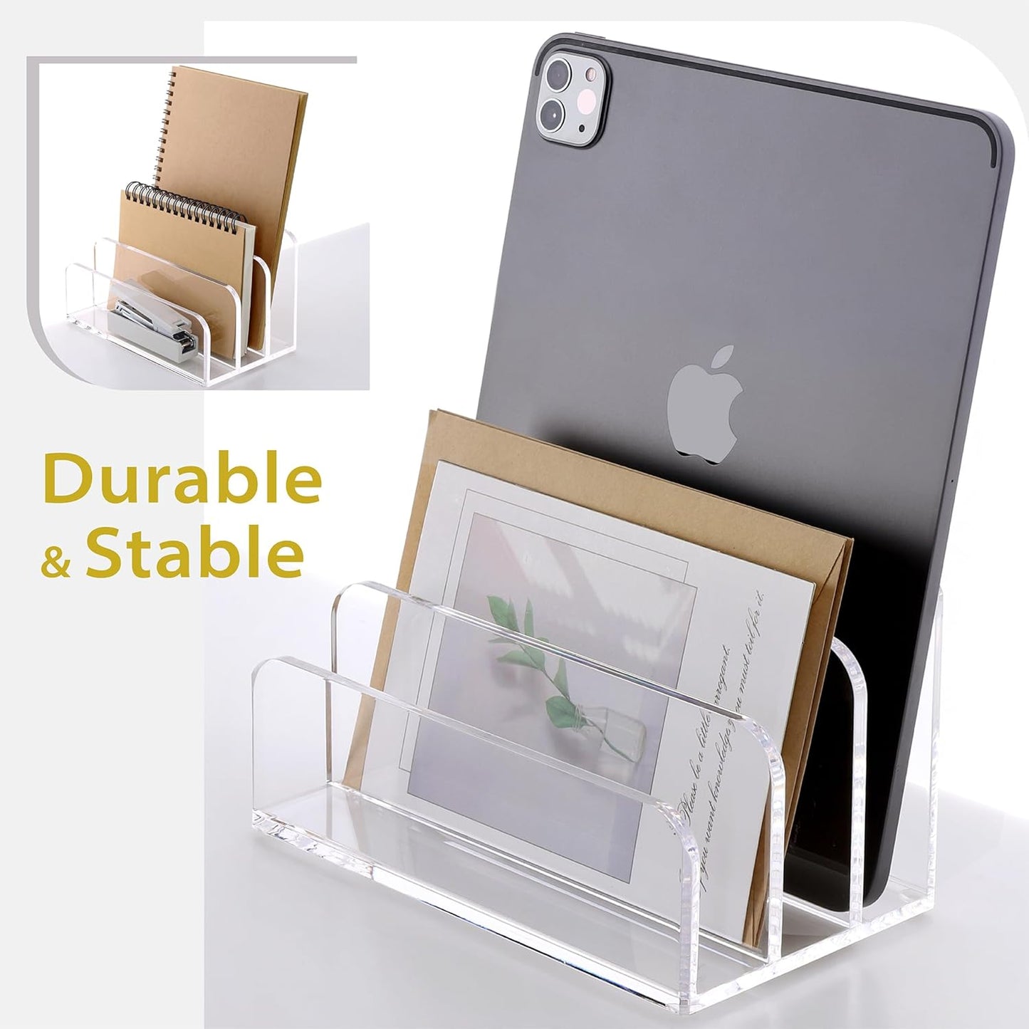 SANRUI Acrylic Mail File Organizer Sorters for Desk, 3 Upright Compartments Laddered Clear Desktop Vertical Letter Holder, Multifunction Envelope Folder Racks Holders for Office,Home, School