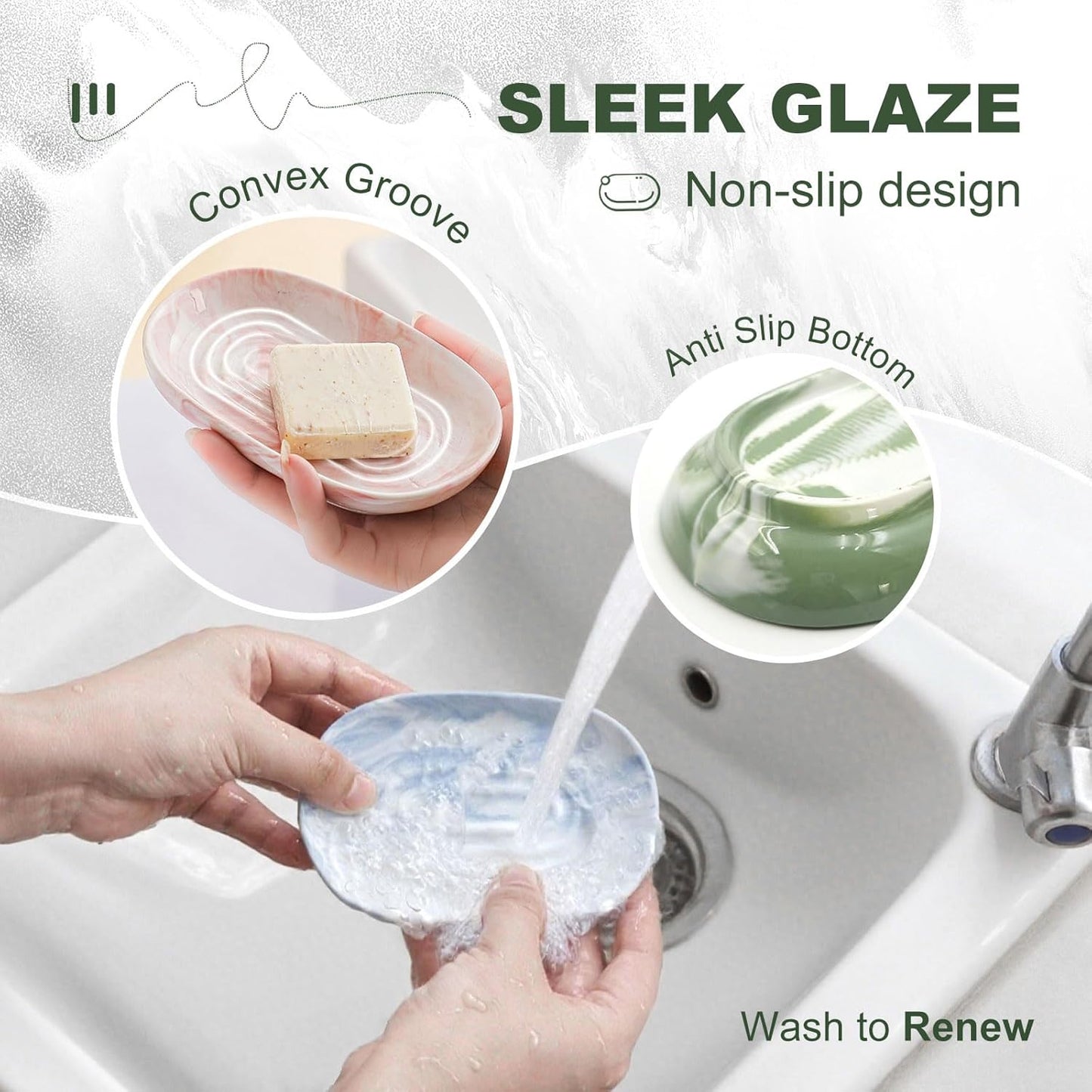 Elegant Ceramic Soap Dish for Shower with Unique Marble Texture, Decorative Bar Soap Holder for Bathroom & Kitchen, Easy Clean Versatile Oval Soap Dishes for Soap Bar