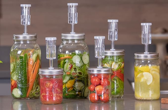 JILLMO Fermentation Kit for Wide Mouth Mason Jars – 4 Pack Fermentation Lids with Airlocks and Glass Weights, Easy Fermenting Set (Jars Not Included)