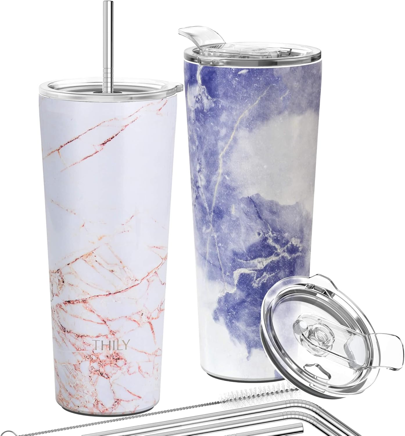 THILY Stainless Steel Vacuum Insulated Tumbler 26 oz Triple-Insulated Travel Mug with Splash-Proof Lid, for Iced Coffee and Hot Beverage, Gold Marble + Blue Marble