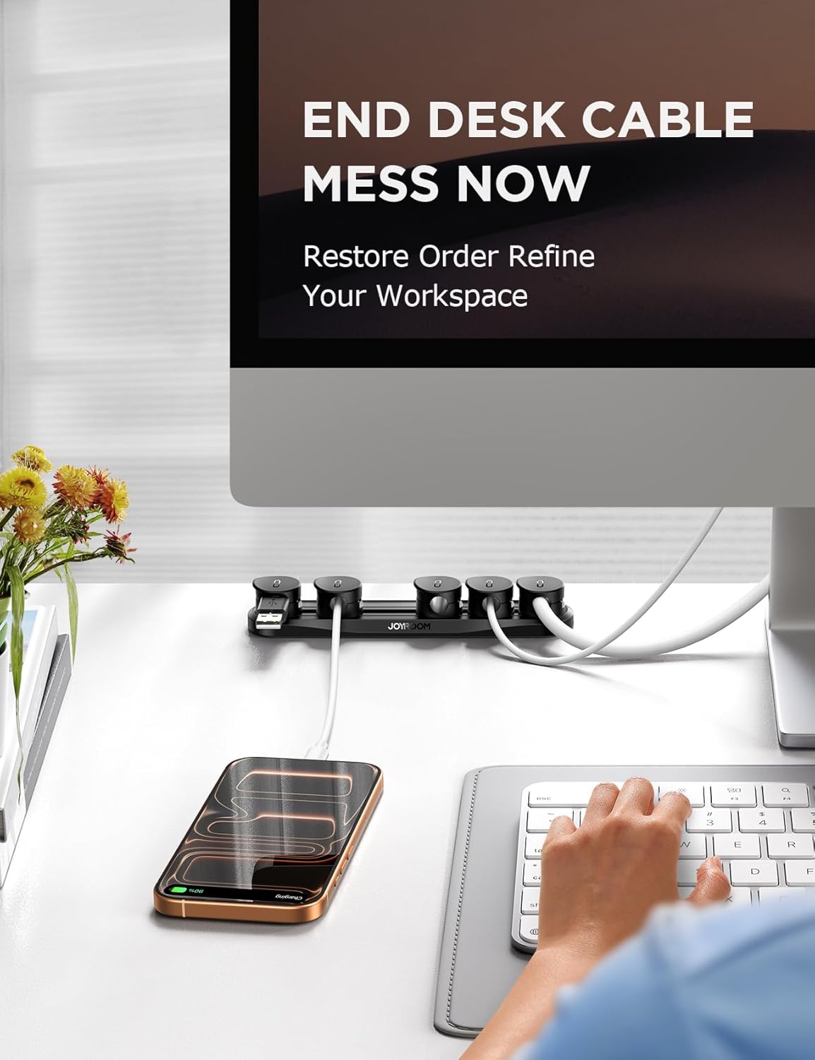 5-in-1 Magnetic Cord Organizer JOYROOM Cable Clips[Adjustable Sliding Track] Under Desk Adhesive Cord Management Wire Keeper for Computer Phone, Office Workspaces Table Organization Home Accessories