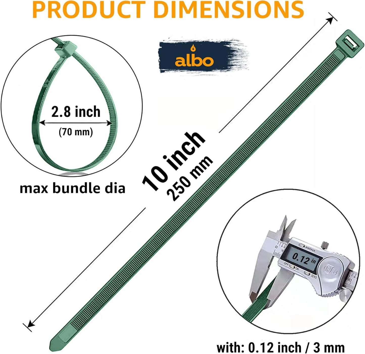 ALBO 10 Inch Green Zip Ties – Green Cable Ties for Indoor and Outdoor Use, UV Resistant Tie Wraps for Wires, Cables, Floral Arrangements, and Garland, 100 Pack