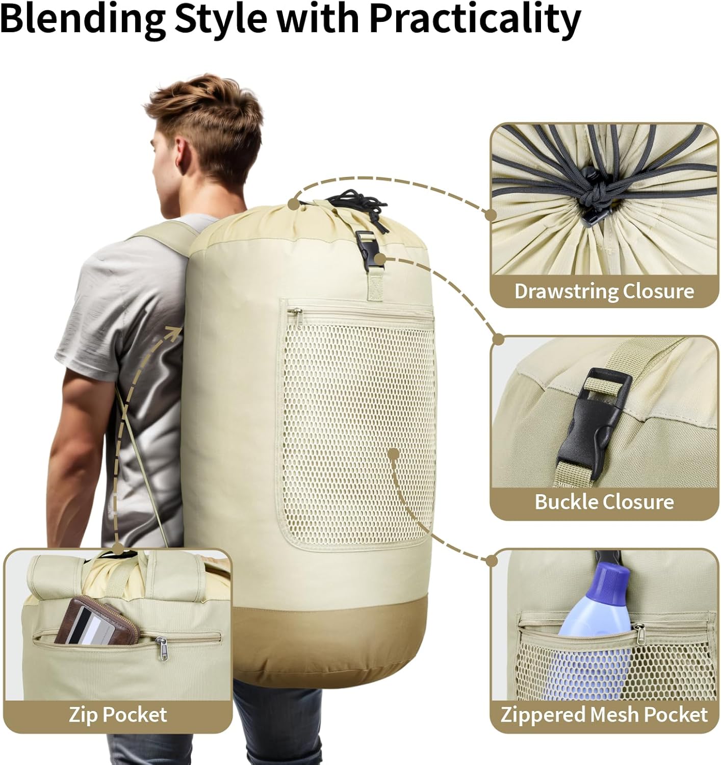 F-color Laundry Backpack 75L - Large Capacity Laundry Bag Backpack with Comfort Straps, Mesh and Zip Pocket, Sturdy Bag for Dorm, Travel, Laundromat, Apartment, Khaki