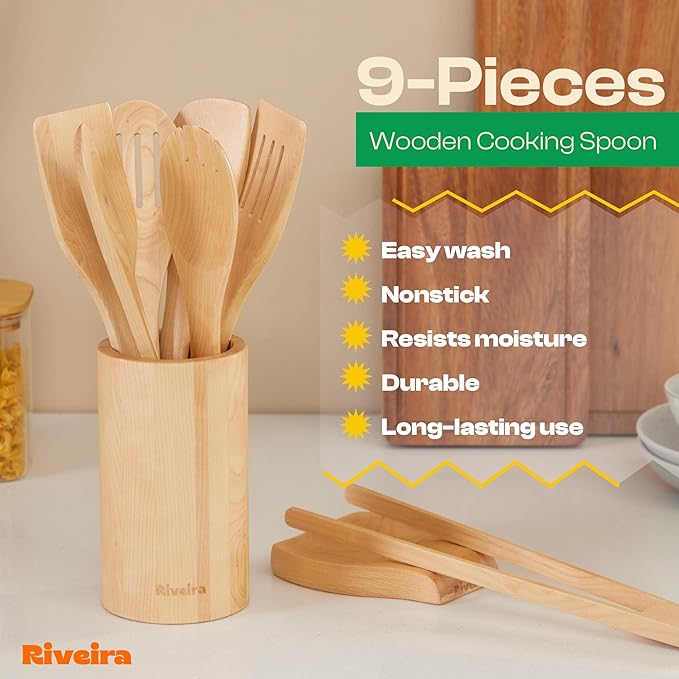 Riveira Maple Wooden Cooking Utensils Set of 9 Premium Quality Non-Toxic Wooden Spoons & Spatulas for Cooking, Stirring, Serving & Flipping